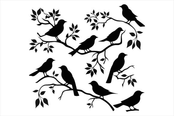 Birds on Branches Silhouette Bundle for Graphics and Crafts