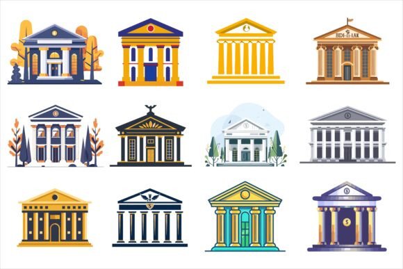 Building of Bank Silhouette Bundle Set Graphics and Crafts